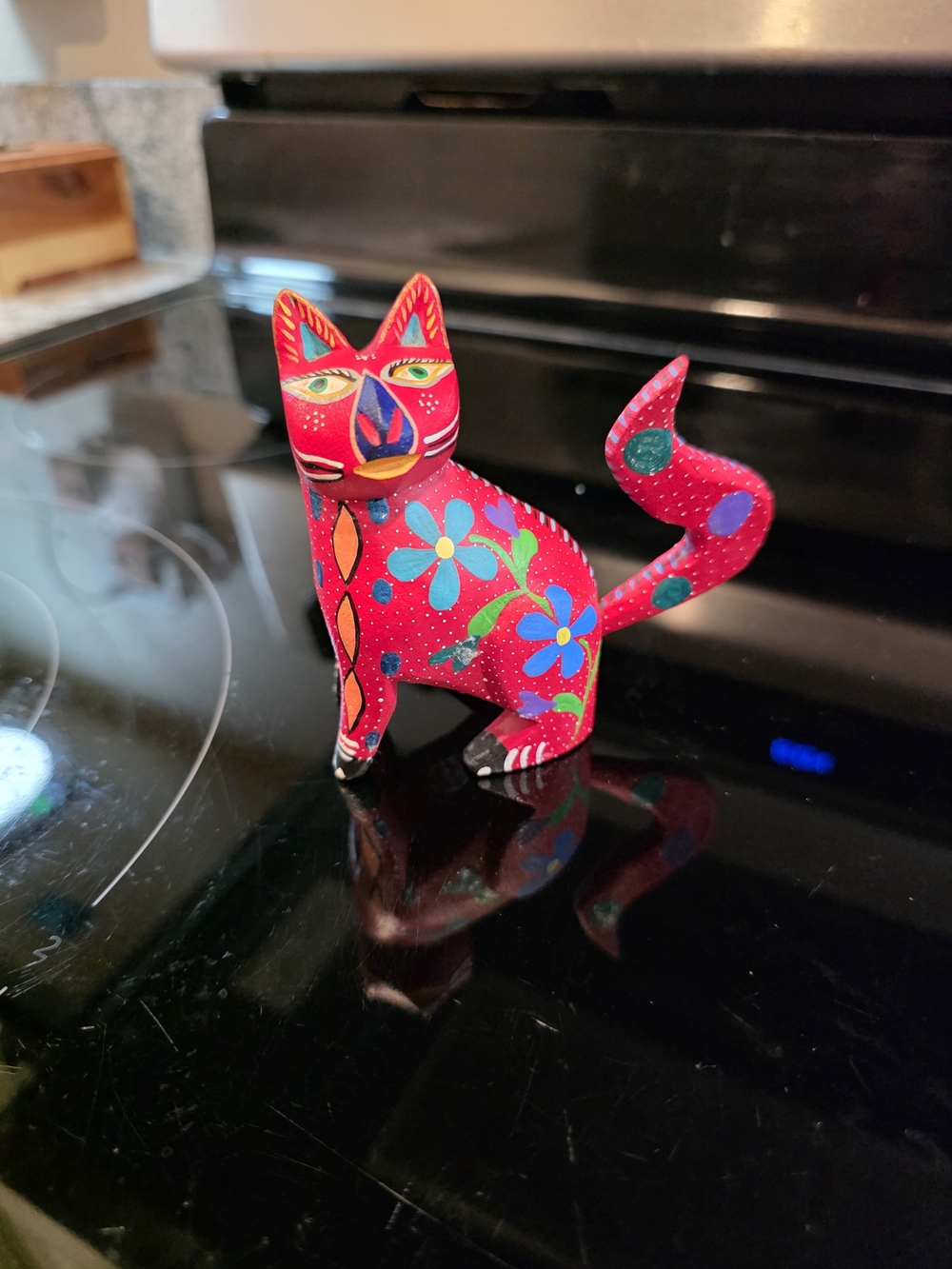 Roberta Bridal Red Floral Cat Figurine with Blue Accents